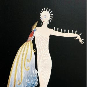 Erte Matted Print 1987 - DIVA I BEAUTIFUL White Diva with Peacock - Professionally Matted Art Deco Fashion Print Ready to Frame Wall Art
