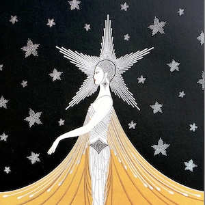 Erte Matted Print 1987 LOVE NEW YORK Star Halo Pearl Costume Gold Cape Professionally Matted Art Deco Fashion Print Ready to Frame Wall Art