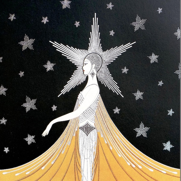 Erte Matted Print 1987 LOVE NEW YORK Star Halo Pearl Costume Gold Cape Professionally Matted Art Deco Fashion Print Ready to Frame Wall Art