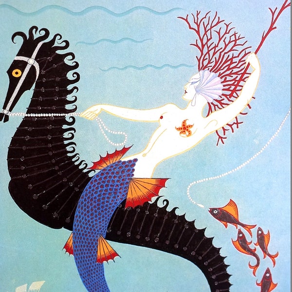 Erte Matted Print 1987 - MERMAID on SEAHORSE - The Four Elements -  Professionally Matted Art Deco Fashion Print Ready to Frame Wall Art