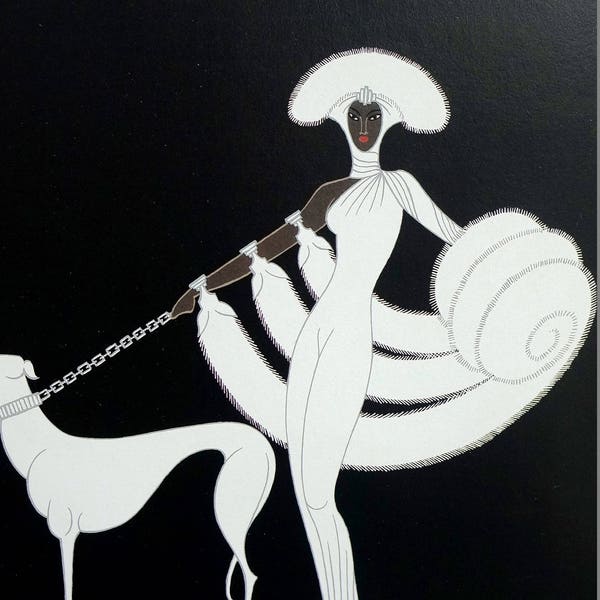 Erte Print 1987 EBONY and WHITE -  Brown Skinned Woman in White Fox Fur w Greyhound Professionally Matted Art Deco Wall Art Ready to Frame