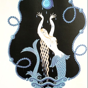 Erte Classic 1982 - SAPPHIRE - SEPTEMBER BIRTHDAY- Mermaid - Precious Stone Blue Jewel - Professionally Matted Deco Print Ready to Frame