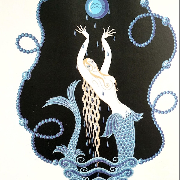 Erte Classic 1982 - SAPPHIRE - SEPTEMBER BIRTHDAY- Mermaid - Precious Stone Blue Jewel - Professionally Matted Deco Print Ready to Frame