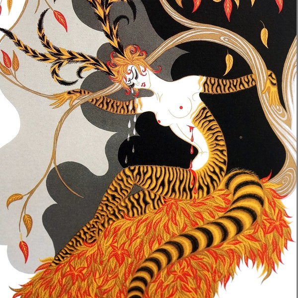 Erte 1982 AUTUMN LADY in TREE Wearing Racoon Costume Fall Colors Feathers Professionally Matted Art Deco Fashion 11x14 Print Ready to Frame