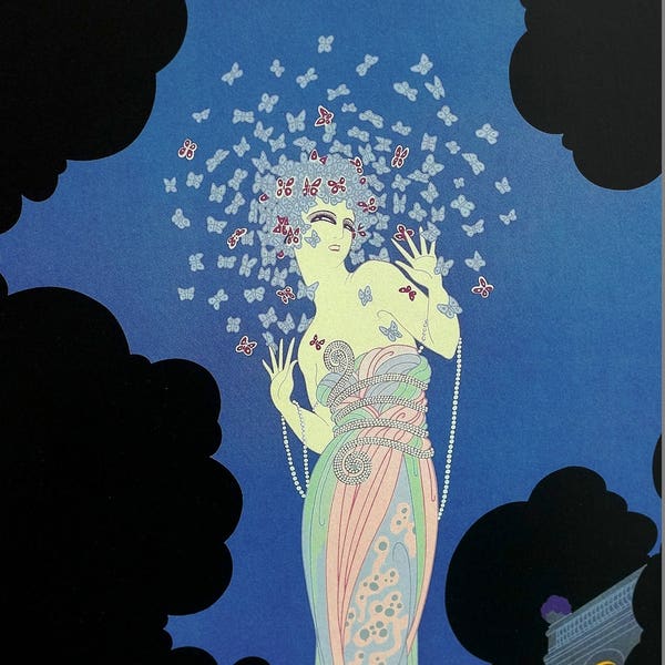 Erte Print 1987 - FANTASIA Surrounded by BUTTERFLIES BUTTERFLY Night -  Professionally Matted Art Deco Fashion Print Ready to Frame Wall Art