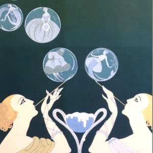 Erte 1982 - Two Beautiful GIRLS BLOWING BUBBLES  - Jewels Dresses Furs -  Professionally Matted Art Deco Fashion Print Ready to Frame 11x14