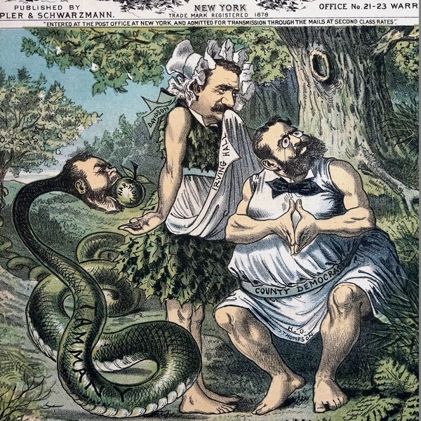 Adam and Eve Temptation 1883 THOMPSON DAVIDSON Tammany Hall KELLY Snake Professionally Matted Puck Political Cartoon Print Ready to Frame
