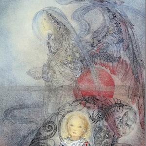 Sulamith Wulfing 1994 WINGED ANGEL and CHILD Religious Print Christmas Art Holy Praying Angel Professionally Matted Print Ready to Frame