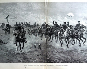 Horse Artillery in Action 1887 MILITARY WAR BATTLE Cannon, American Flag, American Soldiers Harper's Weekly Centerfold Engraving Art Print