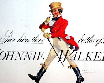Johnnie Walker Scotch Whisky Christmas Ad 1937 RED BLACK LABEL Liquor Print Ad Professionally Matted Advertising Wall Art Ready to Frame