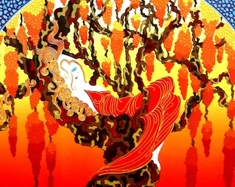 Erte 1982 - HEAT SPELL Lady on Grape Vine SUMMER Summertime Hot Lazy Day  -  Professionally Matted Art Deco Fashion Print Ready to Frame
