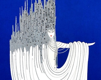 Erte 1982 - ICE SEA - Lady in Icicle Gown ICE Headdress  -  Long White Dress - Professionally Matted Art Deco Fashion Print Ready to Frame