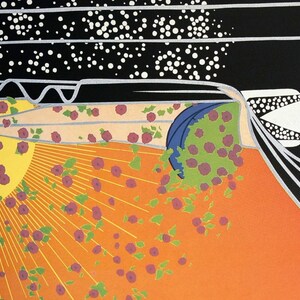 May include: A woman in a black and white dress stands behind a black curtain. She has a white, dotted hairpiece and is looking at the viewer. The curtain is partially open, revealing a bright orange background with a yellow sun and pink flowers.