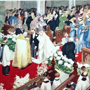 David Low Rake's Progress 1934 - RAKE'S MARRIAGE Bride and Groom Church Wedding Vows  -  Professionally Matted Art Deco Print Ready to Frame