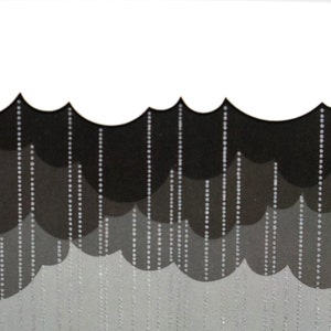 May include: A black and white illustration of a crying face with a cloud above it. The cloud is raining down on the face. The rain is represented by a series of white dots.