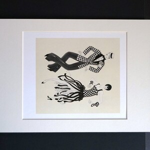 May include: A black and white illustration of a couple dancing. The woman is wearing a checkered dress with a long train and the man is wearing a checkered suit with a bow tie. The illustration is on a cream background.
