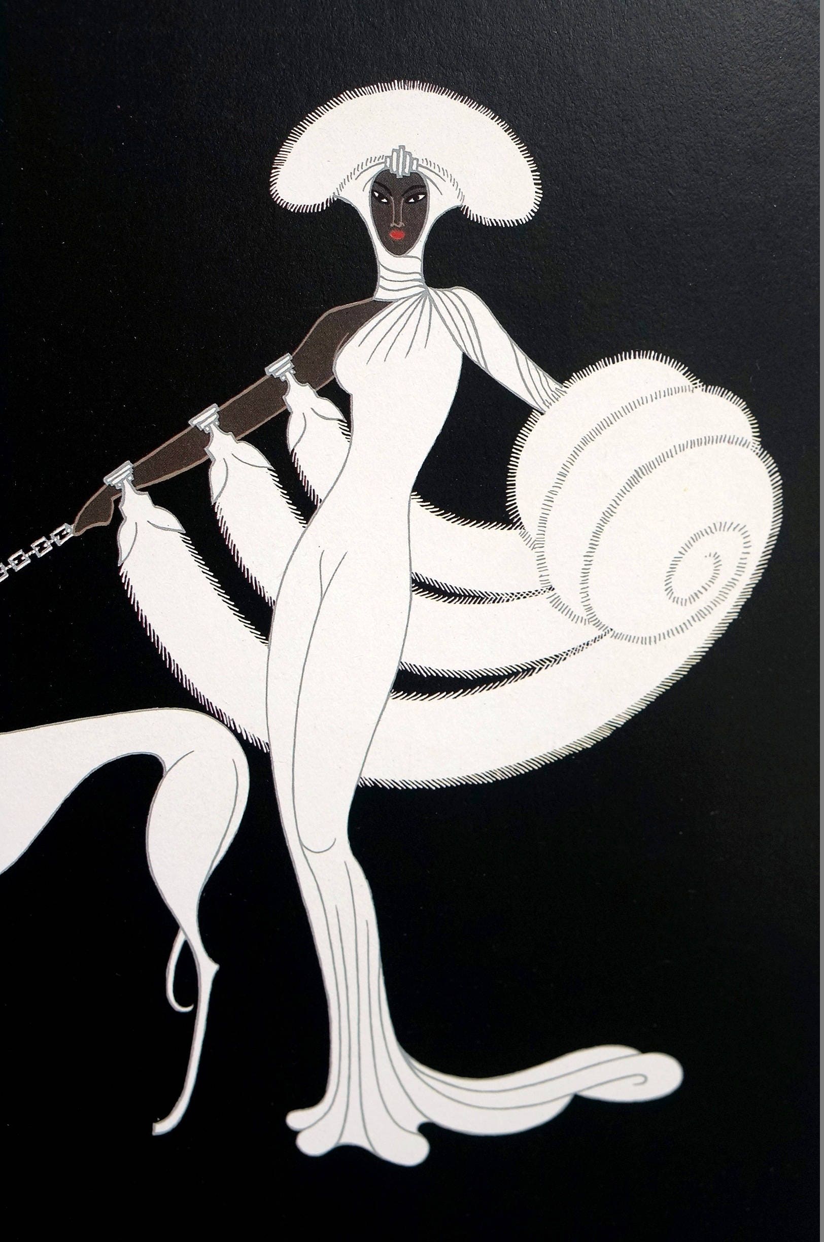 Erte 【Ebony and White】vintageitem 1980年代 Erte Print 1987 EBONY and WHITE - Brown Skinned Woman in White Fox