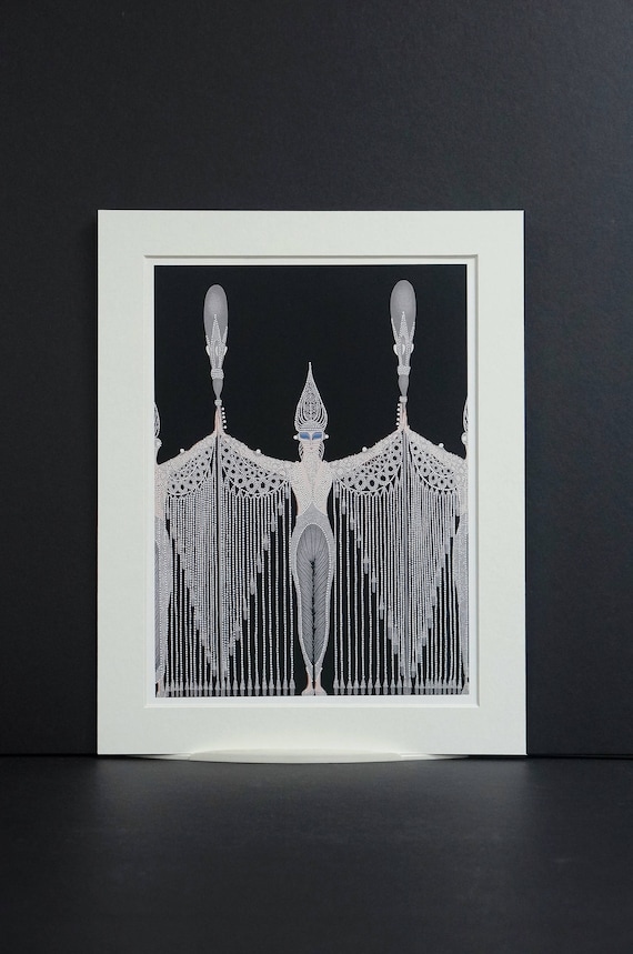 Erte Matted Print 1987 LES BIJOUX De PERLE White Pearl Dress