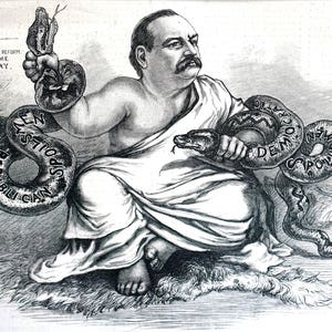 May include: A black and white political cartoon depicting a man sitting on a coiled snake. The snake is labeled "Civil Service Reform Has Come To Stay." The man is holding two snakes, one labeled "Republican Gain" and the other labeled "Silly Mock Democracy."