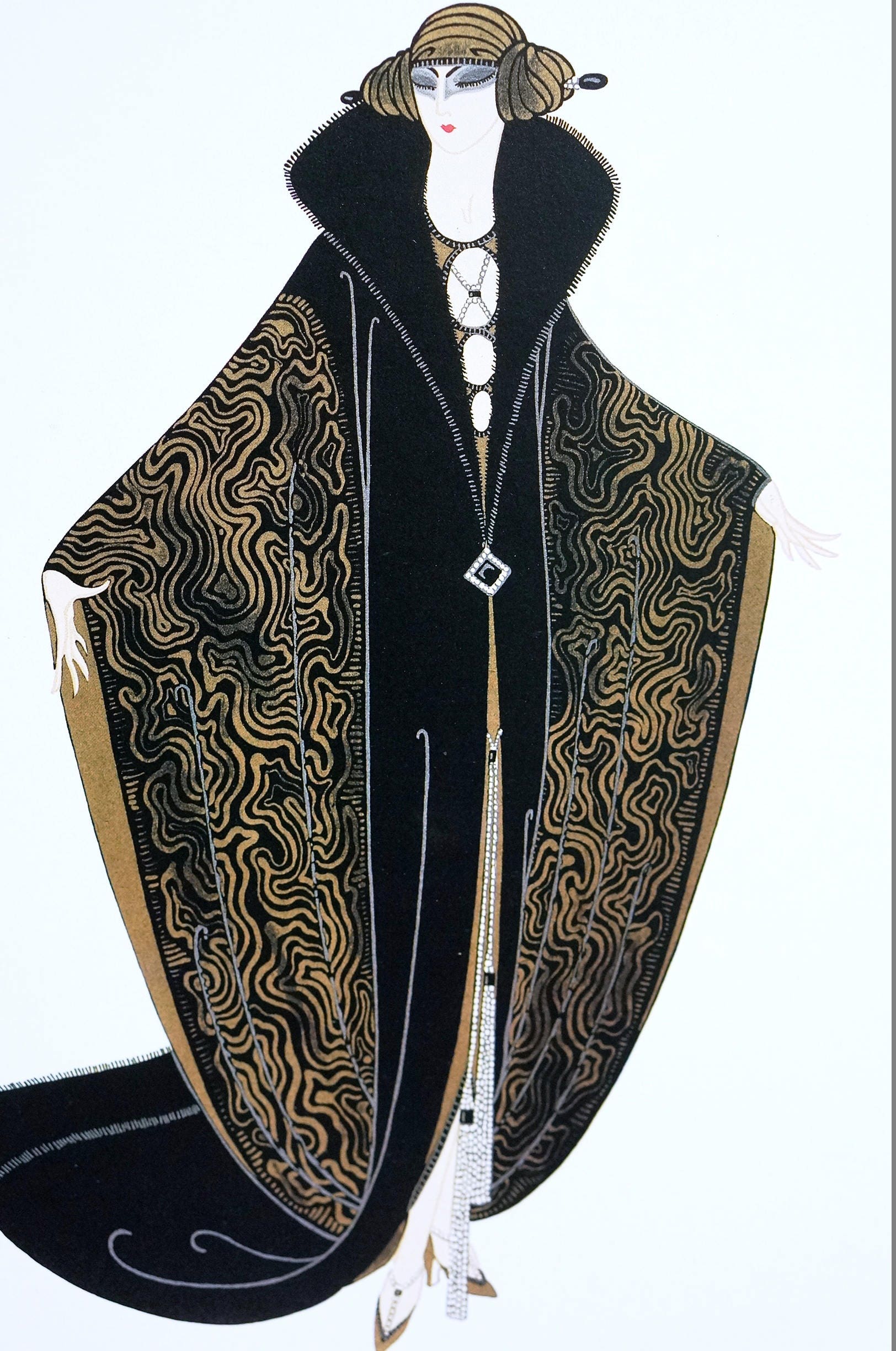 Erte Matted Print 1982 GOLDEN CLOAK Lady in Brown Moire Opera Coat