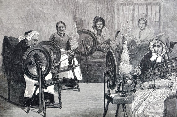 Spinning Wheel 1885 LADIES CIRCLE SPINNING Thread Yarn Revived Cottage  Industry Professionally Matted Antique Engraving Print Ready to Frame 