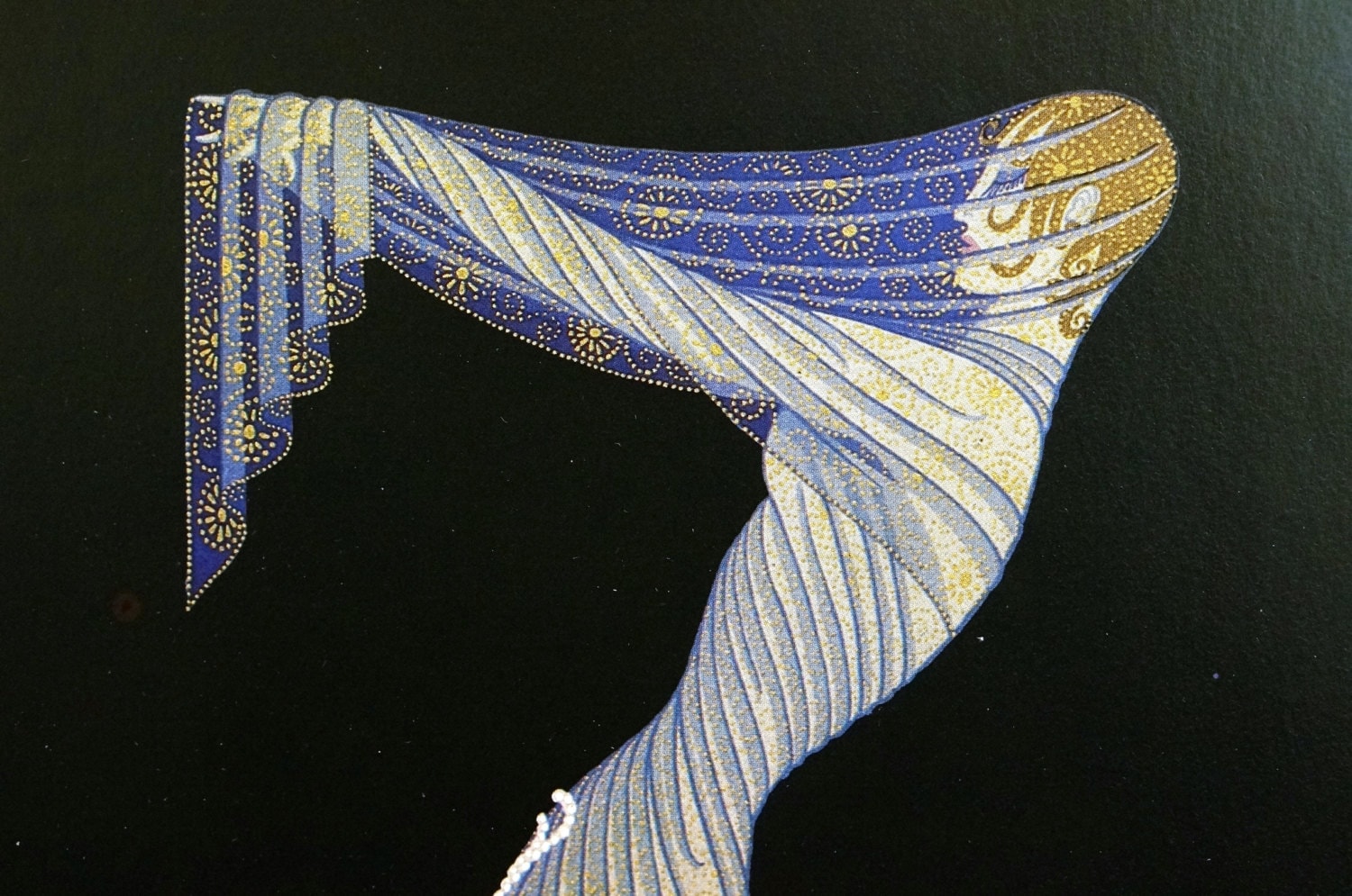 Erte 1982 - Letter Z - ALPHABET SERIES - Lady in Blue Silk Scarf and Pearls - Professionally Matted Art Deco Fashion Print Ready to Frame