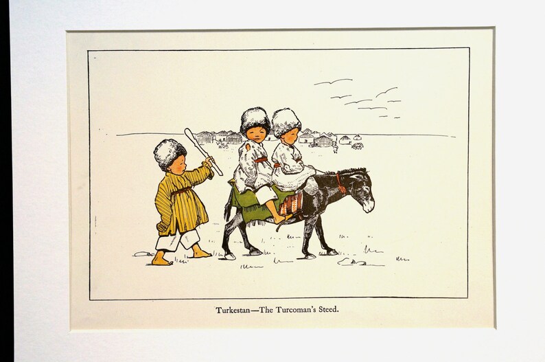 Boys on a Donkey Turkish Tents in Background Matted Engraving Art Print 1899 The Turcomans Steed Children of TURKESTAN TURKEY