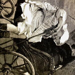 May include: An antique black and white illustration depicts a person in a horse-drawn carriage. The person is wearing a white outfit and black boots, holding the reins. The carriage has large wooden wheels and a dark canopy.