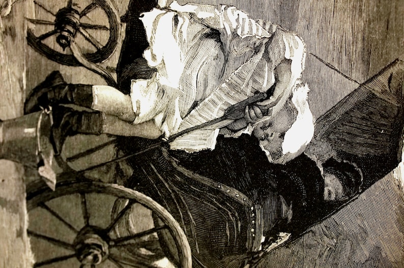 May include: An antique black and white illustration depicts a person in a horse-drawn carriage. The person is wearing a white outfit and black boots, holding the reins. The carriage has large wooden wheels and a dark canopy.