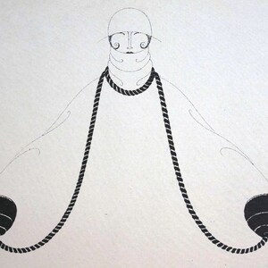 May include: A black and white line drawing of a person wearing a hat and a long rope necklace. The rope is tied to two round objects at the ends.