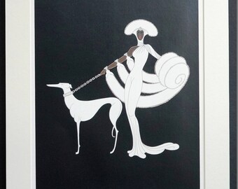Erte Print 1987 EBONY and WHITE - Brown Skinned Woman in White Fox