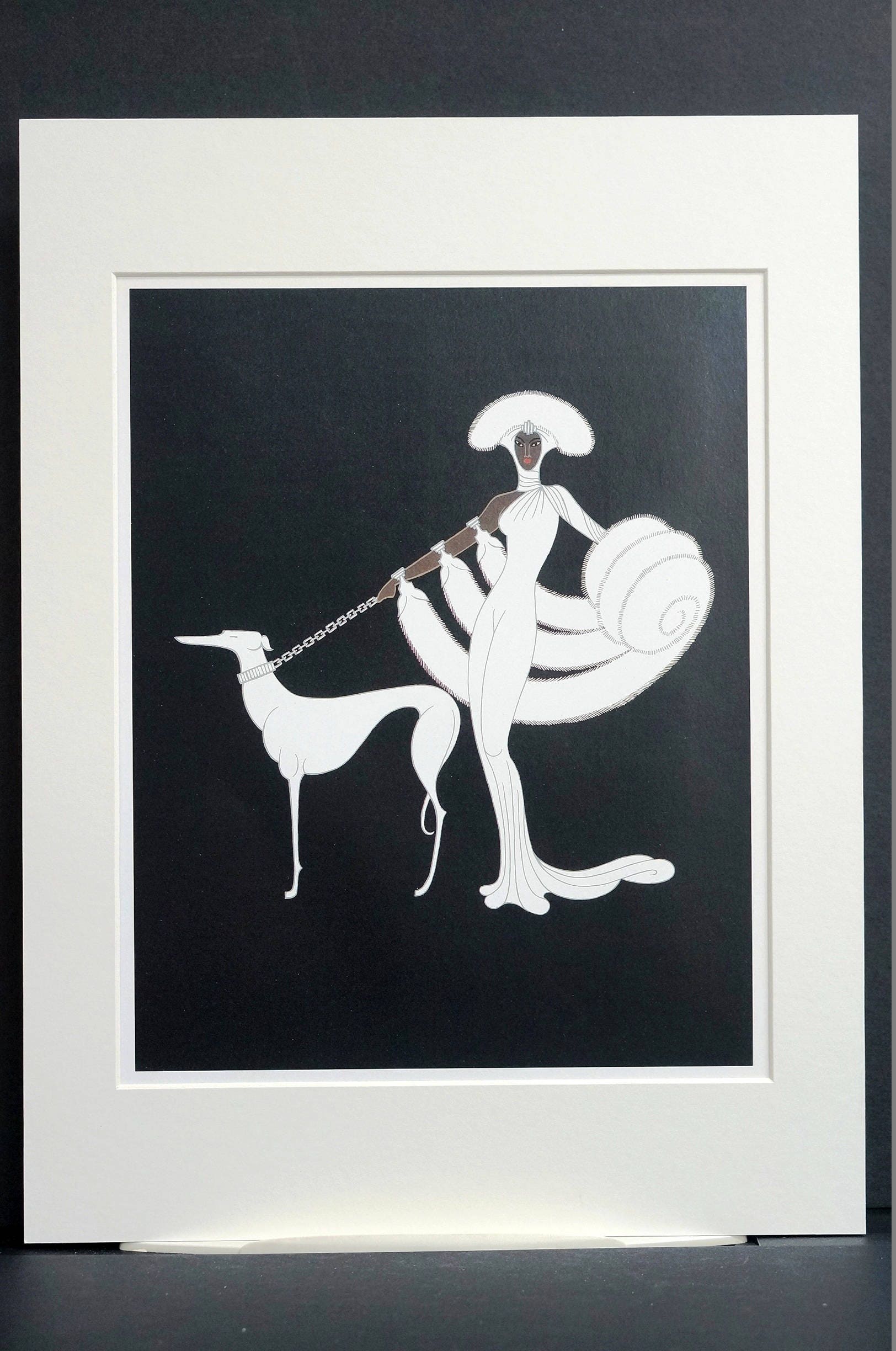 Erte Print 1987 EBONY and WHITE - Brown Skinned Woman in White Fox