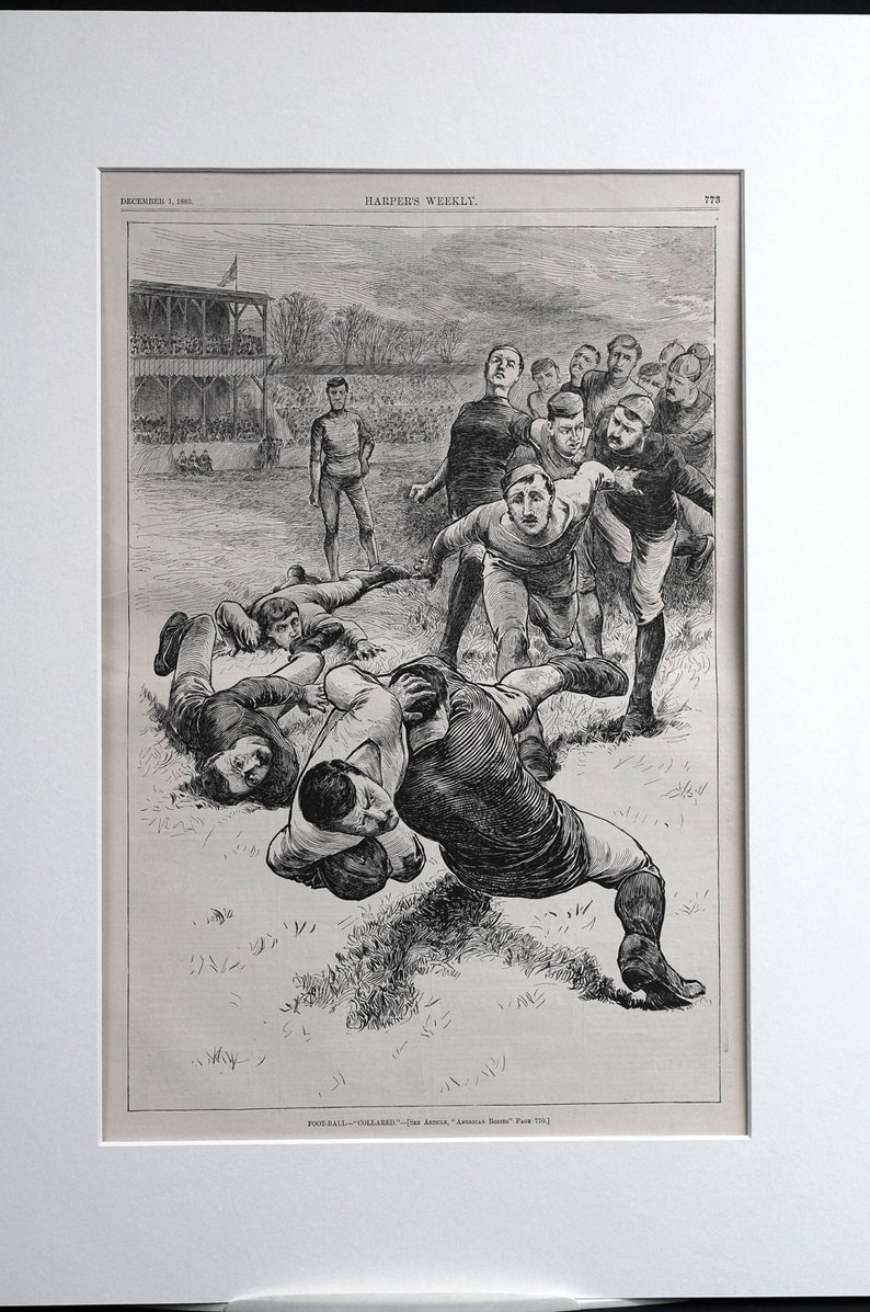 Professionally Matted Antique Engraving Print Ready to Frame 1883 HORSE COLLARED TACKLE Take Down Player Grabs Jersey Football Game