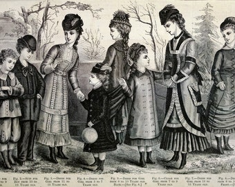 Victorian Fashion 1878 BOYS and GIRLS Children's SUITS Professionally  Matted Fashion Lithograph Print Ready to Frame