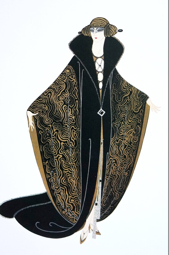 Erte Matted Print 1982 GOLDEN CLOAK Lady in Brown Moire Opera Coat