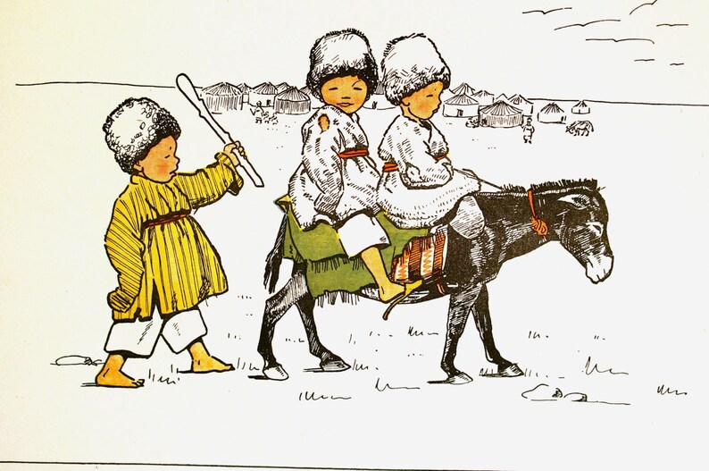 Boys on a Donkey Turkish Tents in Background Matted Engraving Art Print 1899 The Turcomans Steed Children of TURKESTAN TURKEY