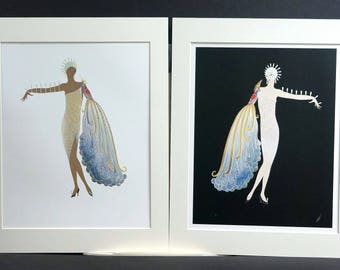 Pair of Erte Prints 1987 DIVA I and II Brown and White Divas w Peacock Professionally Matted Art Deco 11x14 Fashion Print Ready to Frame