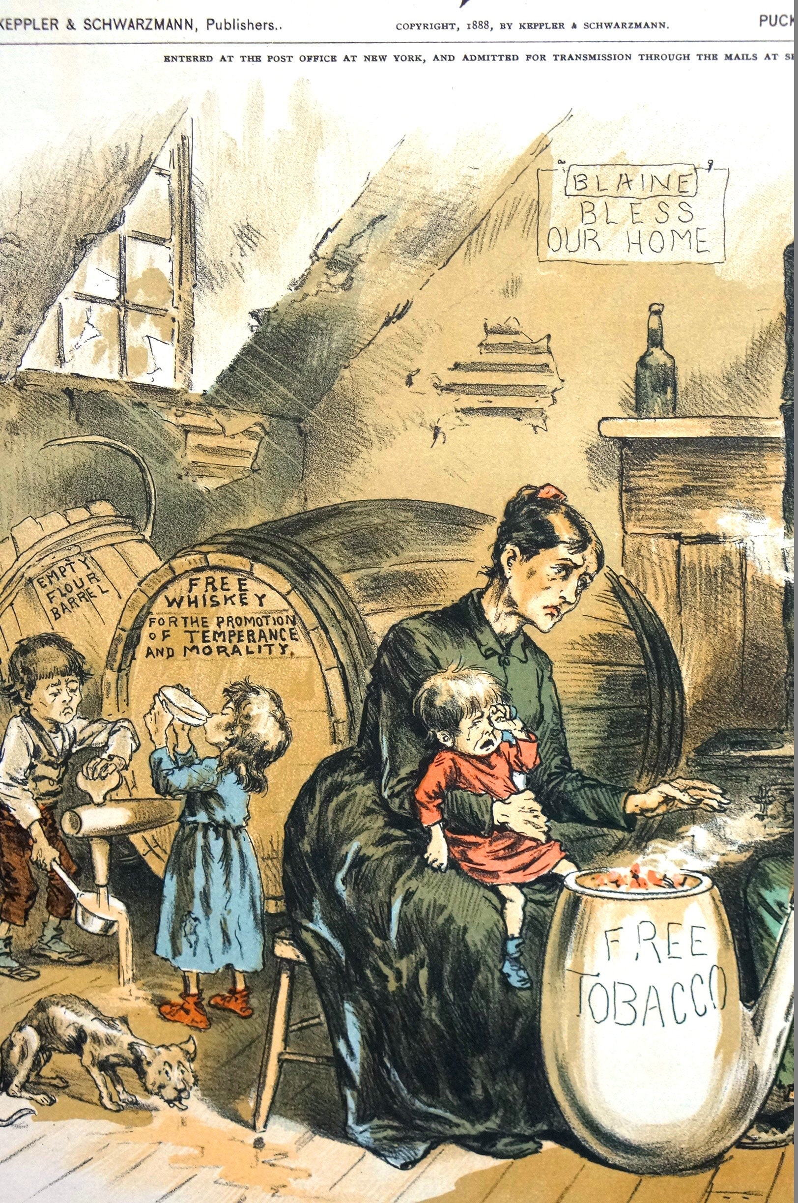 blaine tobacco James Blaine Harrison 1888 Protected MONOPOLIES TOBACCO LIQUOR Effect Poor  Laborer Professionally Matted Puck Political Print Ready to Frame