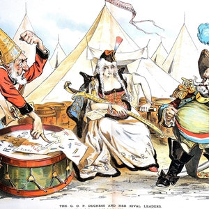 May include: A political cartoon depicting a woman in a military uniform sitting on a throne with two men standing on either side of her. The woman is labeled "The G.O.P. Duchess" and the men are labeled "War Record" and "Party Plan".