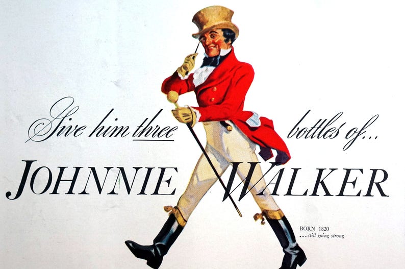 Johnnie Walker Scotch Whisky Christmas Ad 1937 RED BLACK LABEL Liquor Print Ad Professionally Matted Advertising Wall Art Ready to Frame image 1