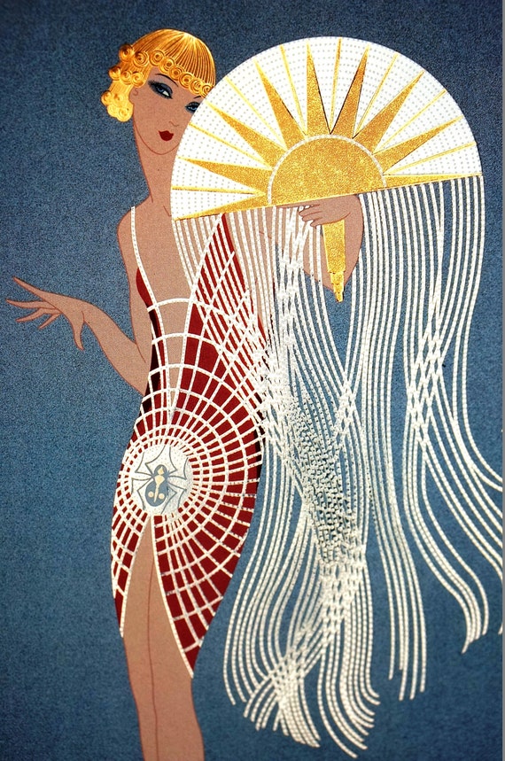 Erte Matted Print 1991 FLAPPER DANCER Red Spider Web Dress W