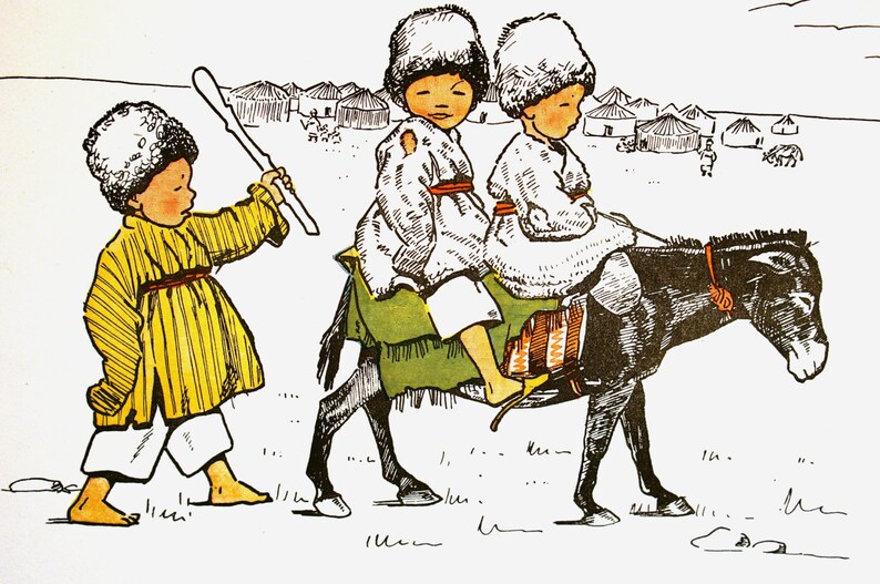 Boys on a Donkey Turkish Tents in Background Matted Engraving Art Print 1899 The Turcomans Steed Children of TURKESTAN TURKEY