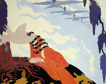 May include: A woman with long red hair lies on a gold and black patterned surface. She is wearing a red and black dress with a gold belt. She is reaching up towards a cluster of purple grapes hanging from a vine. The background is a light blue sky with white clouds.