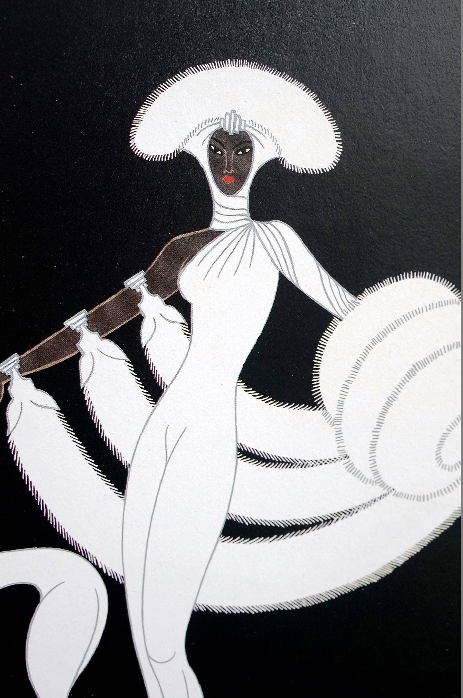 Erte 【Ebony and White】vintageitem 1980年代 Erte Print 1987 EBONY and WHITE - Brown Skinned Woman in White Fox