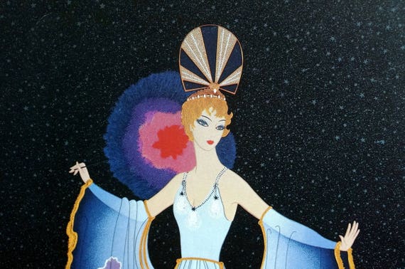 Erte Matted Print 1987 TWILIGHT STARRY NIGHT Sky Moon Lady in Blue
