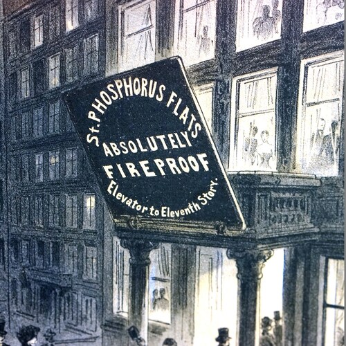 Fire Death Trap 1884 FIREPROOF ELEVATOR BUILDING Skyscraper Transparent Lie Firemen Flames Professionally Matted Puck Print shops Ready to Frame