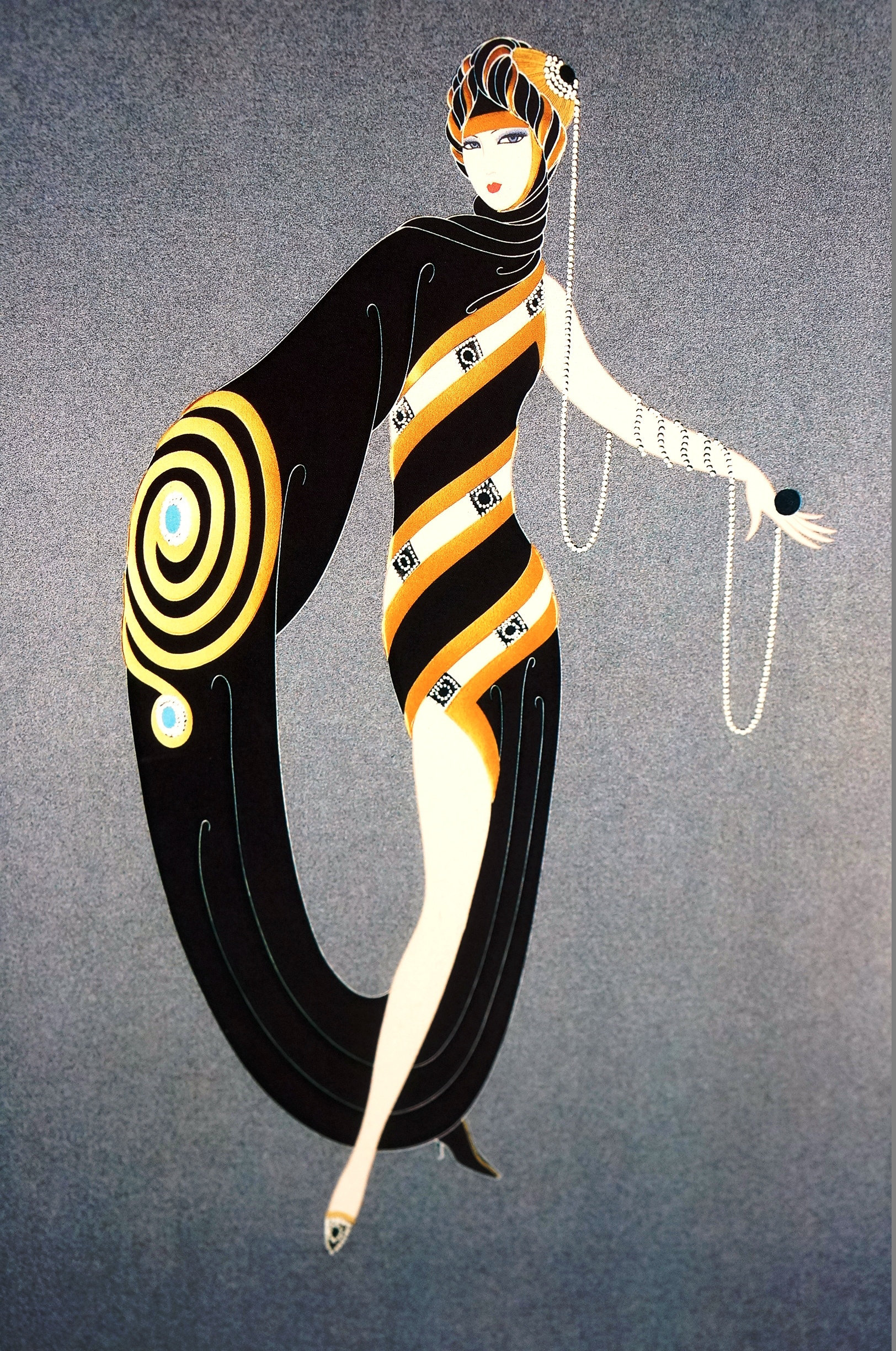 Erte Matted Print 1991 PEARLS and EMERALDS Lady in Black and
