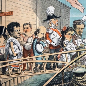 May include: A political cartoon depicting caricatures of people carrying bags labeled with names and dollar signs, walking towards a sign that reads "To Europe." A banner reads "Rich Tourists."