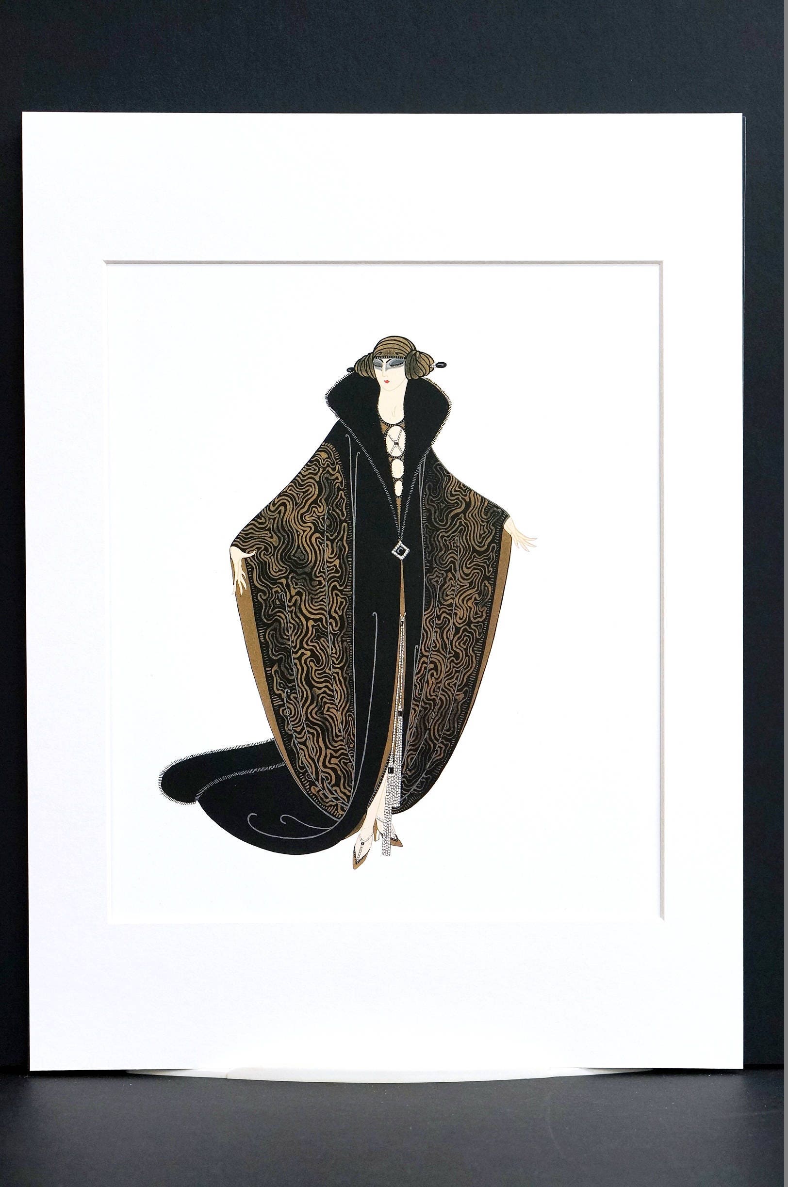 Erte Matted Print 1982 GOLDEN CLOAK Lady in Brown Moire Opera Coat
