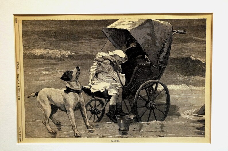 May include: An antique black and white illustration titled "Danger" depicts a dog looking up at a person struggling with a carriage on a beach. The carriage has large wheels and a canopy. The image is from "Harper's Young People."